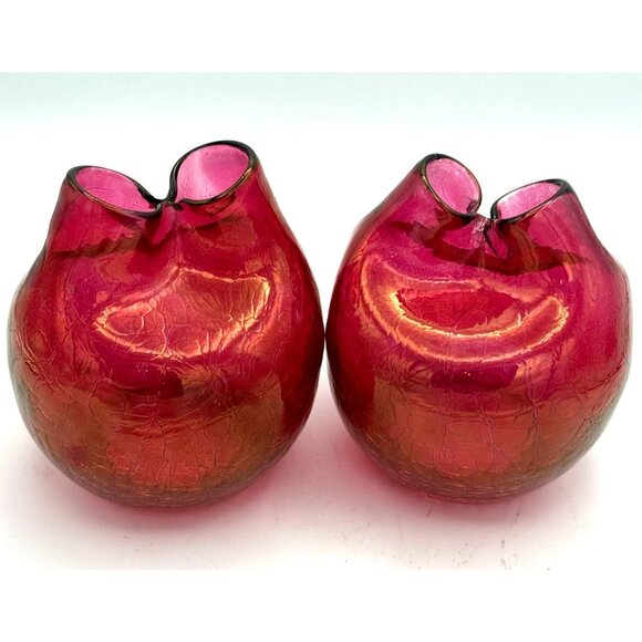 Art Glass Blenko? Pinched Vase Crackle Vintage Red Gold Florescent /Set of 2/dmg - Picture 3 of 8